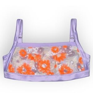 Aerie Mesh Bralette XL – Lilac Satin Trim, Sequin Floral Embroidery